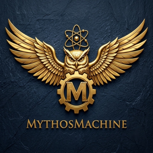 MythosMachine logo: a golden owl with spread wings perched on a gear, with an atom symbol above and the text 'MYTHOSMACHINE' below, on a dark blue background.