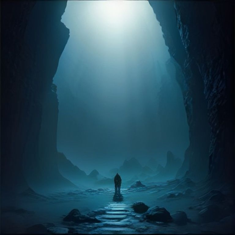 Artist's depiction of Agartha: a vast underground cavern lit by a pale inner sun, with a lone figure at a stone threshold