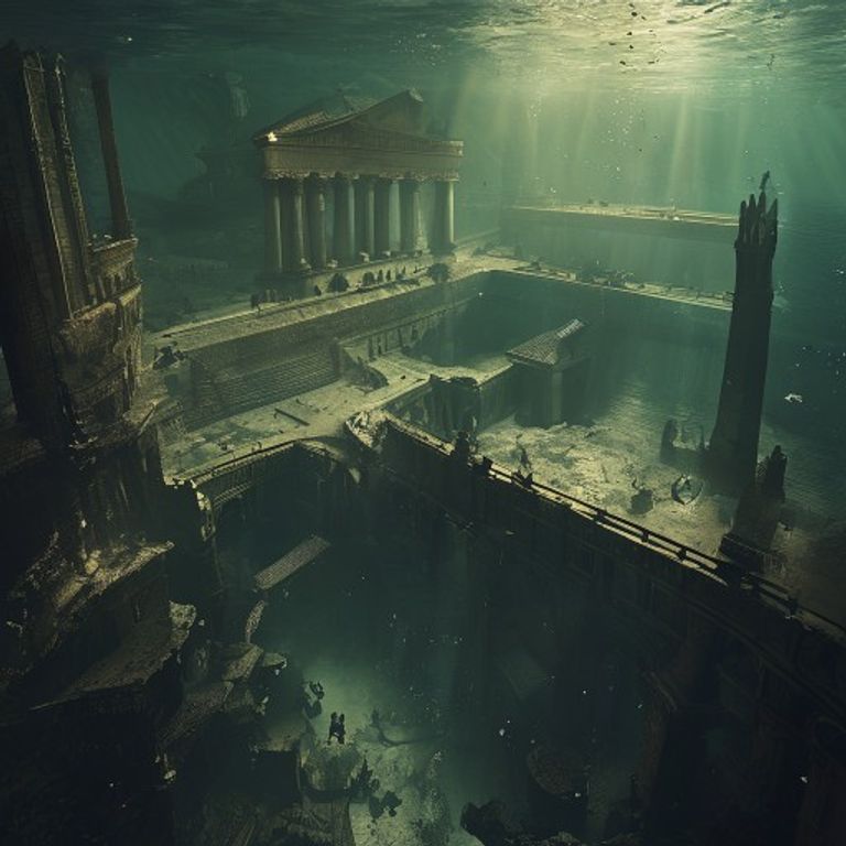 An artist's rendering of the lost city Atlantis submerged underwater, with ancient ruins and advanced structures visible through clear blue ocean water, hinting at a forgotten civilization.