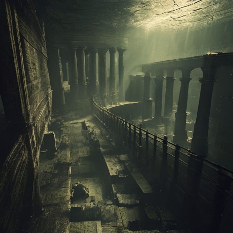Ancient Greek philosophers debating the story of Atlantis in a classical setting, symbolizing the intellectual history and myth evolution.