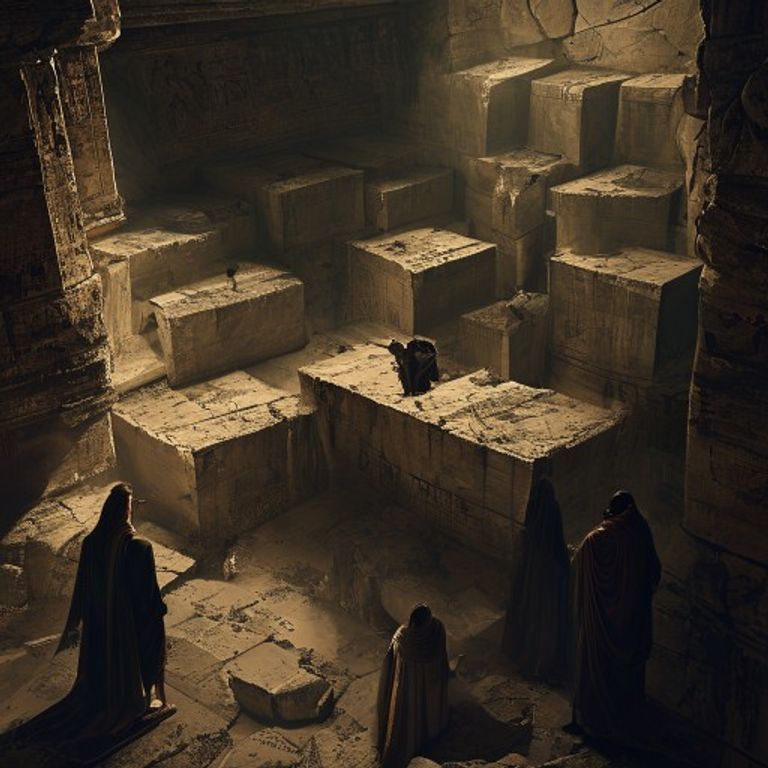 Inside the dark, vast underground tunnels of the Serapeum at Saqqara, an enormous polished granite sarcophagus sits in its niche, hinting at advanced ancient construction techniques.