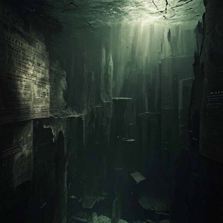 Concept art of the lost continent of Mu submerged beneath the Pacific Ocean, showing ancient ruins and a forgotten underwater civilization.