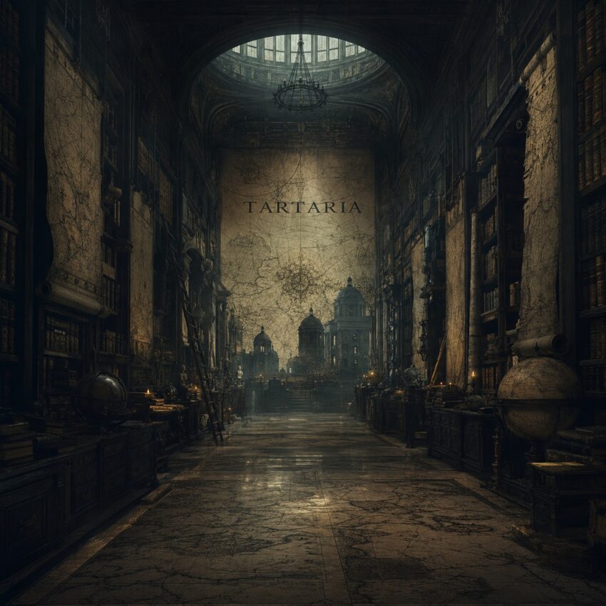 A vast candlelit archive hall lined with globes and rolled charts, dominated by a wall map labelled Tartaria
